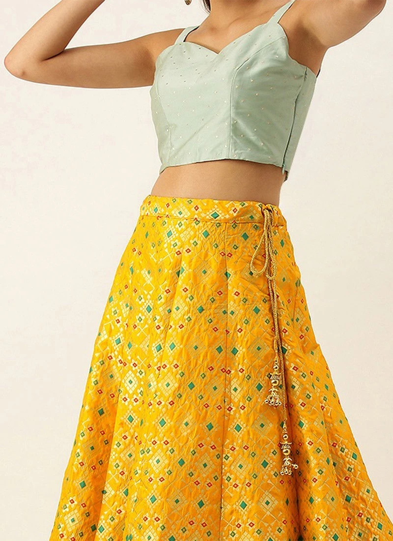 Teen Girls Yellow Taffeta N Green Art Silk Lehenga Festive Wear