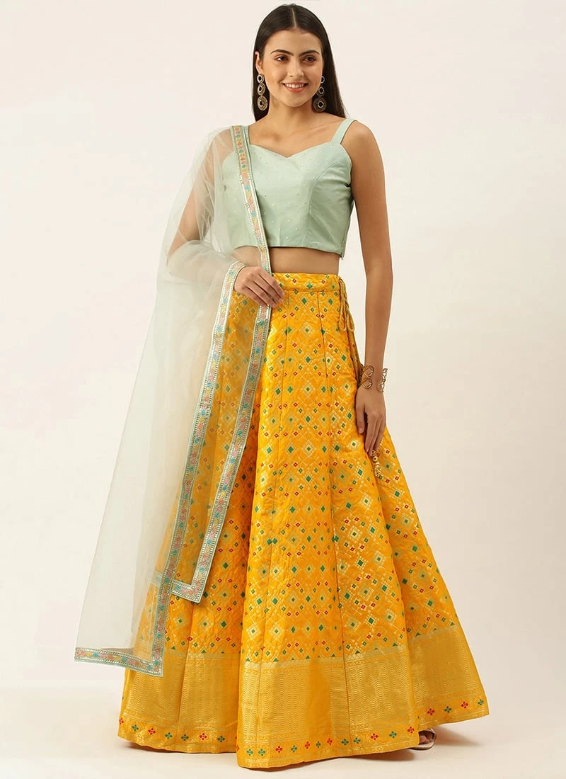 Teen Girls Yellow Taffeta N Green Art Silk Lehenga Festive Wear - Image 3