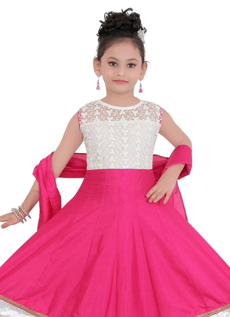 Pink N White Art Silk Teens Anarkali Suit - Image 4