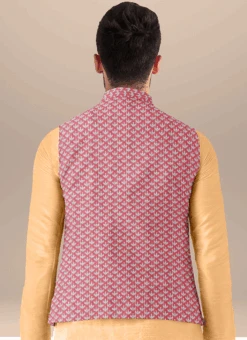 Teen Boys Beige N Pink Embroidered Bandi Set Party Wear