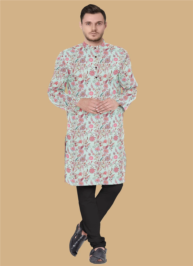 Teen Boys Pale Blue Lily Art Silk Kurta Set Festive Wear - Image 4