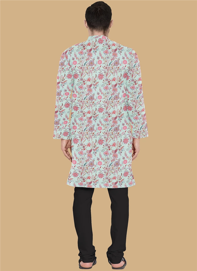 Teen Boys Pale Blue Lily Art Silk Kurta Set Festive Wear