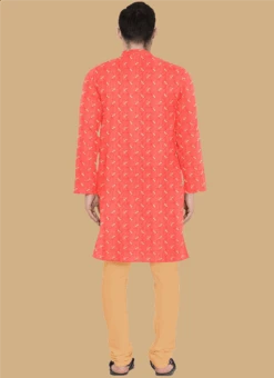 Teen Boys Peach Embroidered Art Silk Kurta Set Party Wear