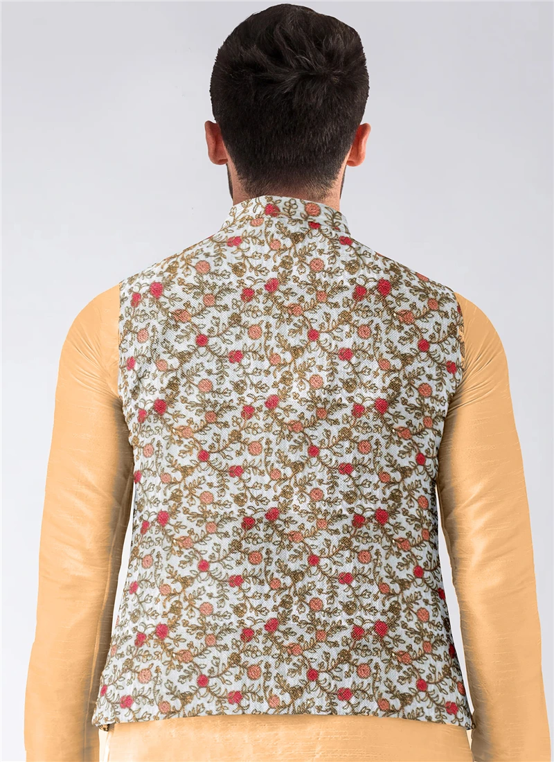 Teen Boys White Embroidered N Beige Bandi Set Party Wear