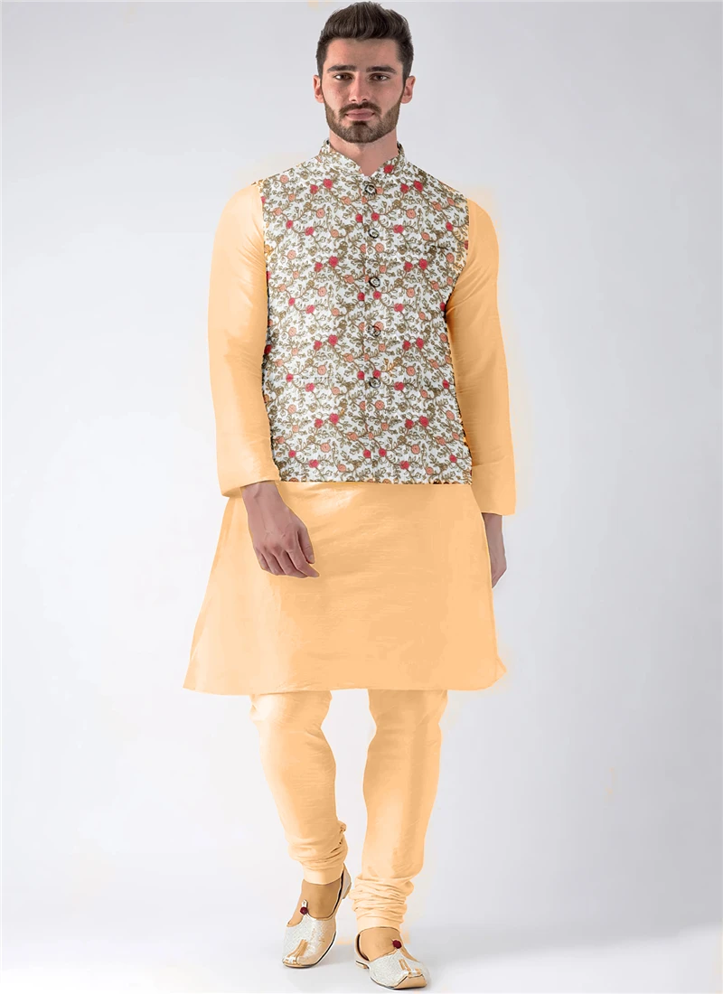 Teen Boys White Embroidered N Beige Bandi Set Party Wear - Image 3