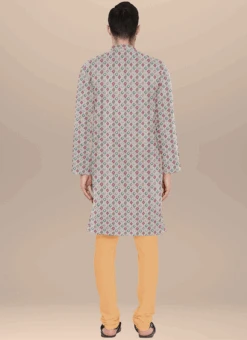 Teen Boys White Chinon Embroidery N Beige Kurta Pyjama Set Festive Wear