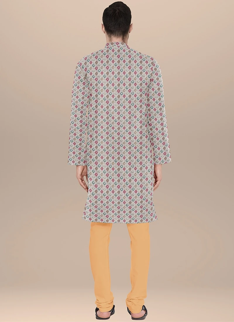 Teen Boys White Chinon Embroidery N Beige Kurta Pyjama Set Festive Wear