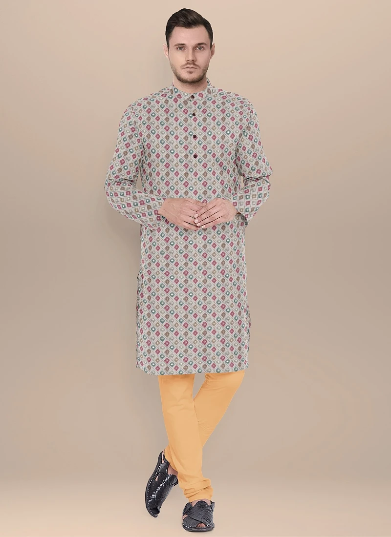 Teen Boys White Chinon Embroidery N Beige Kurta Pyjama Set Festive Wear - Image 3