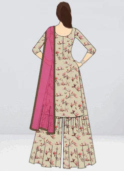 Teen Girls Light Beige Printed High Neck Gharara Suit Festive Wear