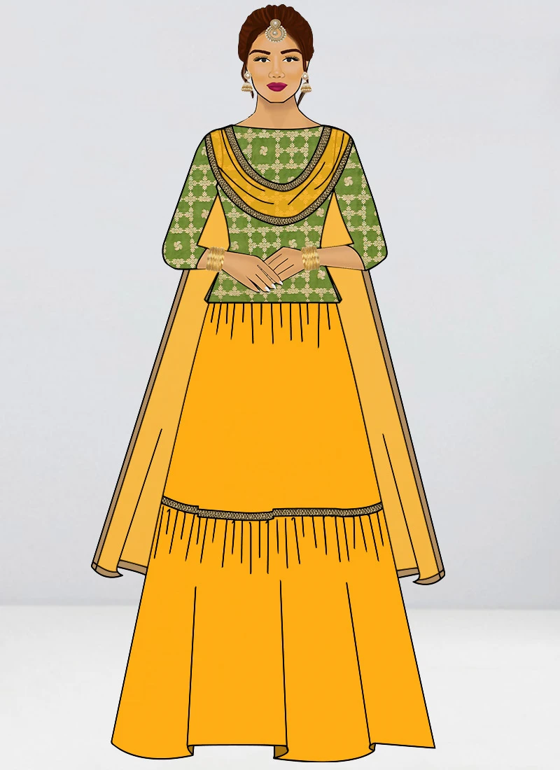 Teen Girls Olive Green Brocade N Yellow Layered Lehenga Set Festive Wear - Image 3