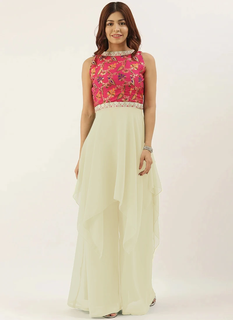 Teen Girls Pink N Off White Floor Length Palazzo Set Festive Wear - Image 4